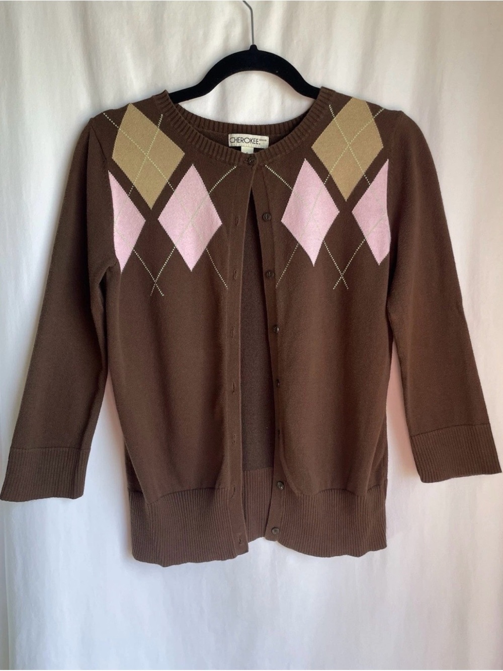 Cherokee Brown Cardigan with Pink and Tan Argyle